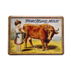 Blechpostkarte Mädchen mit Kuh - Pfunds Molkerei