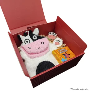 Badespaß mit Waschlappen (als Kuh gestaltet), Zauberhandtuch, Sprudelbadtablette und Seifenstiften verpackt in einem roten Präsentkarton