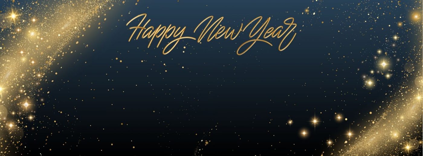 Silvesterbanner des Pfunds Onlineshop in blau und Gold mit der Aufschrift "Happy New Year".