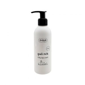 weiße Flasche mit schwarzem Gelspender zum drücken. Diese beinhaltet 200ml Gesichtsreinigungsgel mit Ziegenmilch