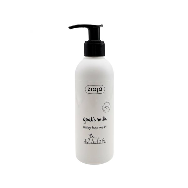 weiße Flasche mit schwarzem Gelspender zum drücken. Diese beinhaltet 200ml Gesichtsreinigungsgel mit Ziegenmilch