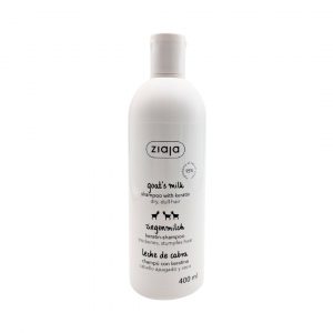 weiße Flasche mit dem Shampoo von Ziaja mit Ziegenmilch und Kreatin