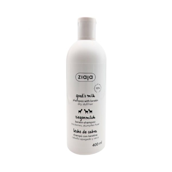 weiße Flasche mit dem Shampoo von Ziaja mit Ziegenmilch und Kreatin