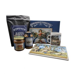 Frühstücks-Set mit Geschenkkarton, Tüte Kaffee, Glas Karamellcreme, Glas fruchtaufstrich, Tasse und Porzellanbrettchen