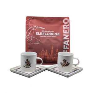 Espresso Geschenkset bestehend aus zwei Espressotassen, 2 Untertellern und einer Packung Espresso-Kaffee