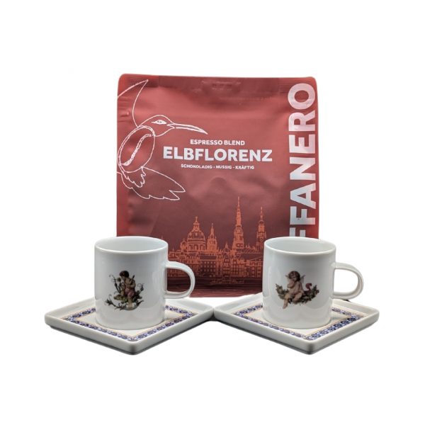 Espresso Geschenkset bestehend aus zwei Espressotassen, 2 Untertellern und einer Packung Espresso-Kaffee