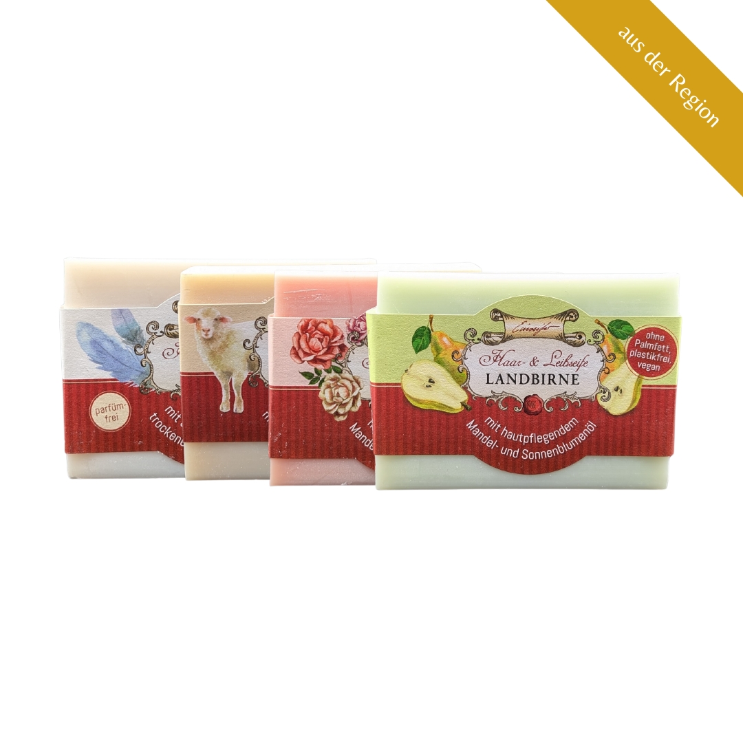 4 verschiedene Sorten der Haar- und Leibseife vom Einseifer